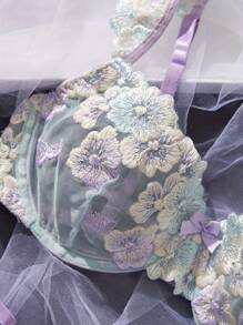 Women Sexy Lace Bra And Panty Set, Floral Embroidery Mesh Push Up Bra Lingerie Set