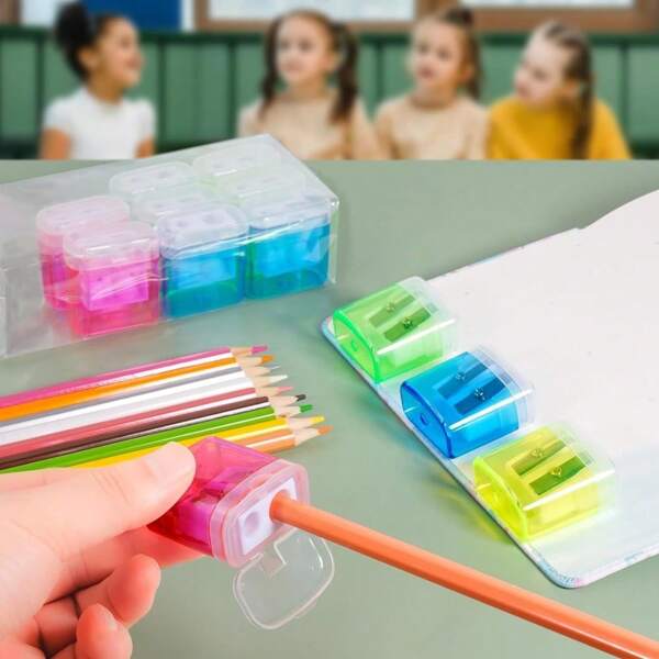 2 pezzi Temperamatite con contenitore, articoli di cancelleria per studenti, forniture scolastiche e per ufficio colorate, temperamatite in plastica trasparente a doppio foro per bambini