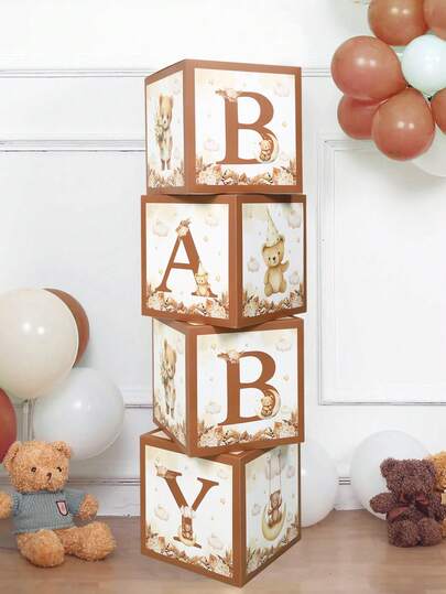4 件 27 厘米棕熊装饰盒，带 B A B Y 字母装饰，宝贝淋浴装饰气球盒，性别揭示派对装饰礼品盒摄影道具背景装饰盒，生日装饰婚礼装饰家居装饰房间装饰背景装饰派对配件，女士/男士派对装饰生日礼物派对礼物