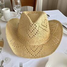 Women Men Summer Straw Hat Hollow-Out Bucket Hats Sun Beach Holiday Sun Cap Cowgirl Hat - 米色 - 查看 2