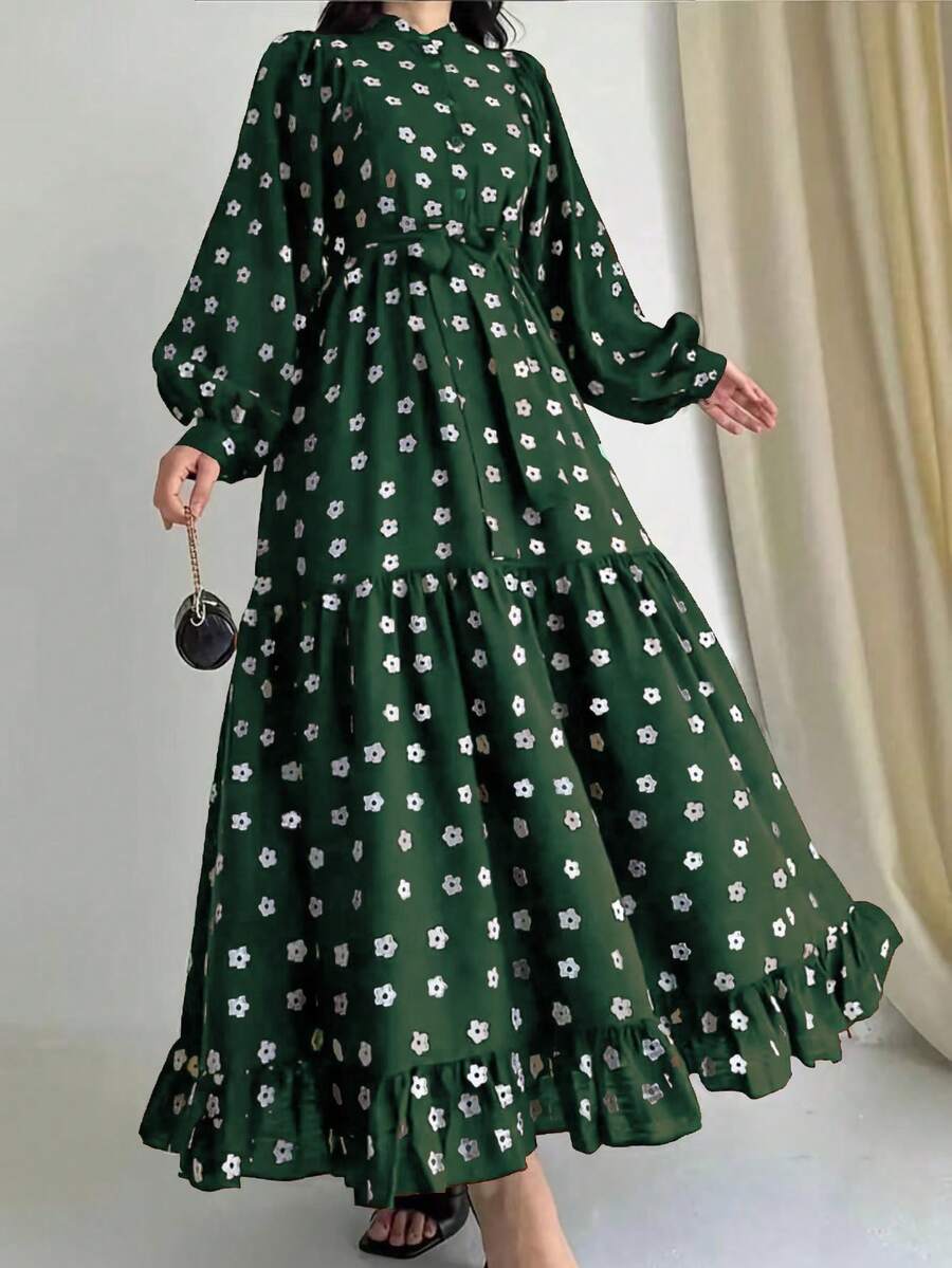 Vestido árabe elegante y modesto de manga farol con estampado floral para mujer - Verde - Ver 1
