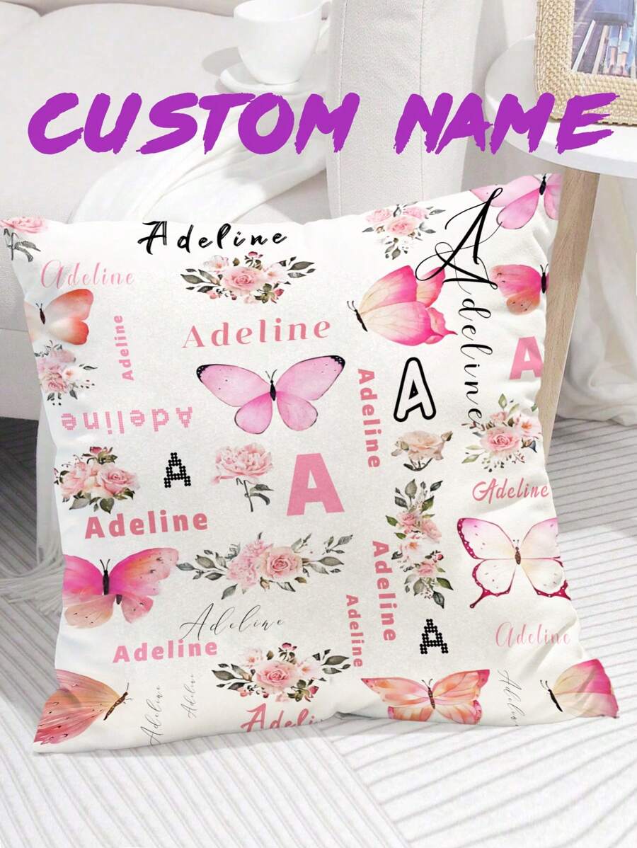 1 Funda de cojín impresa a dos caras con un solo diseño personalizado con nombre, Funda de cojín a medida con mariposa rosa para crear un ambiente familiar cálido y armonioso, Regalo exquisito para aniversarios, cumpleaños, automóvil, funda de cojín, cojín de cabecera, cojín de sofá, reposacabezas de coche, funda de cojín de oficina, para calentar la casa, sofá, cama, coche, sala de té, dormitorio, sala de estar
