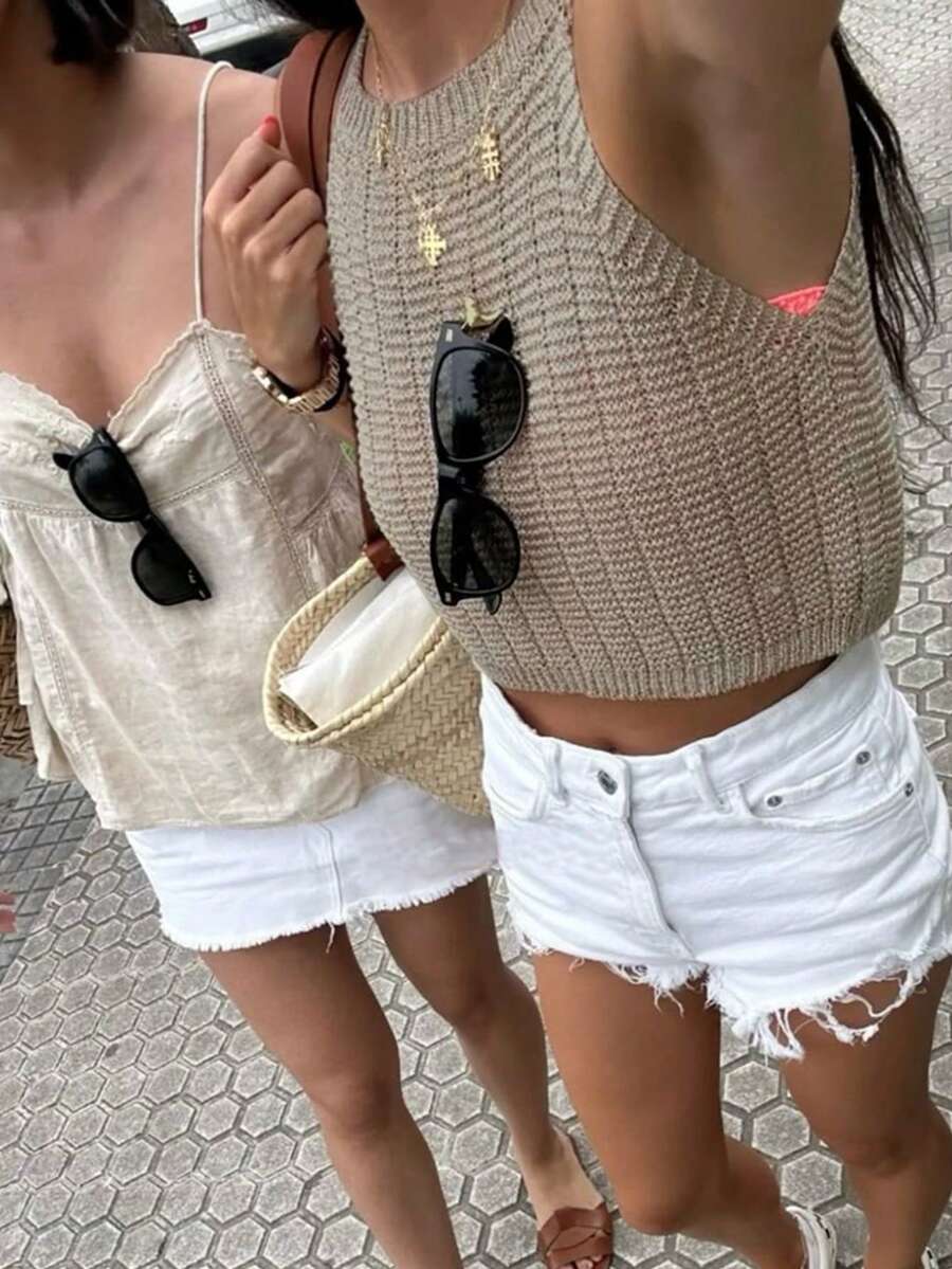 Damen Einfarbiger gestrickter gerippter Pullover, Lässig für den Sommer