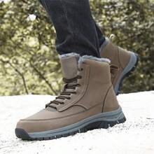 Autumn/Winter New High-Top Thick-Soled Warm Fleece-Lined Men's Outdoor Snow Boots, PU Plus Size Men's Boots, Outdoor Hiking Shoes, Comfortable Casual Shoes, Hiking Boots, Outdoor Sports Climbing Boots, Hunting Boots, Trekking Boots, Outdoor Shock-Absorbing Off-Road Boots, Climbing Shoes, Outdoor Adventure Camping Shoes, Fleece-Lined Thickened Anti-Slip Durable Black Hiking Boots