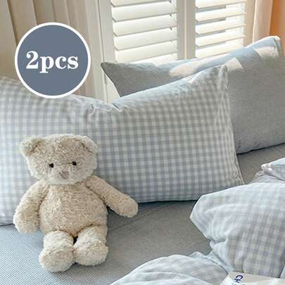 2 chiếc Kẻ caro xanh, Bốn mùa, Siêu mềm, Đáng yêu, Ký túc xá sinh viên, Bé trai và bé gái, Học sinh, Trang phục ký túc xá - Có thể giặt bằng máy, Bộ đồ giường, Cặp vỏ gối, Vỏ gối vuông, Giường đôi cỡ Queen cỡ King