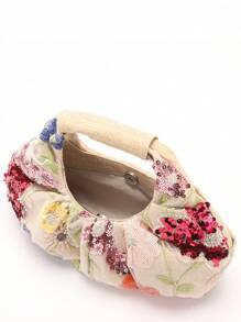1 pieza Bolso de mano de mujer de diseño único con flores bordadas, volantes y detalles de malla y lentejuelas en contaste de colores, estilo verano/playa, con estampado floral enviado al azar
