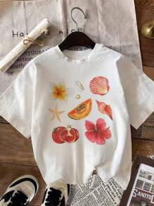 Women's Spring Summer Y2K Fashion Casual Versatile Vacation Solid Color Minimalist Style Floral Shell Starfish Fruit Pattern Round Neck Short Sleeve T Shirt