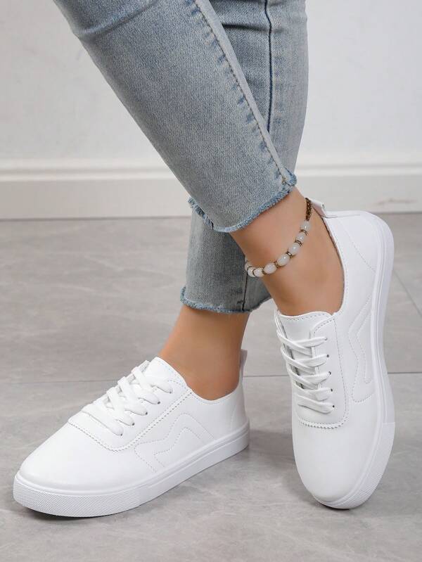 New Women White British Lace-Up Sport Sneakers, Round Toe Low-Top Thick Sole Slip-On Casual Platform Shoes, Fashion Breathable Anti-Skid Chunky Sneakers, Student Shoes