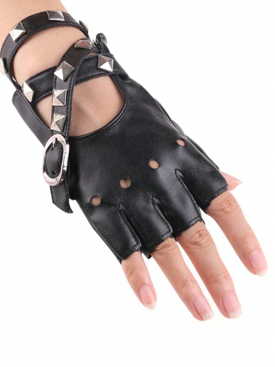 Women's Punk Leather Studded Nightclub Pole Dancing Gloves For Street Dance Performance - Red - View 1