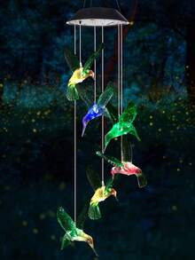 1 Set Solar Powered Hummingbird Wind Chime, Colorful Hanging Decorative Outdoor Wind Chimes, Plastic, No Feathers, Ideal For Christmas, Holidays, Yard And Garden Decor, Solar Lights Outdoor - Green - View 8