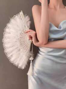 1pc Women Retro Feather Lace Folding Fan, Classical Dance Cheongsam Prop, Stage Performance Hand Held Fan For Costume Party