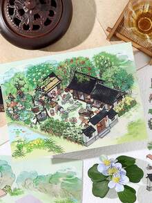 3pcs 2.5D Chinese Style Landscape Stickers, Large Size DIY Stress Relief Stickers, "My Little House" Series 4, Suitable For Gifts, Office, Home, Marking, Labeling, Classroom, Entertainment Toys, Student Diary Creative Retro Decor DIY Decoration Stickers,School Supplies,Back To School