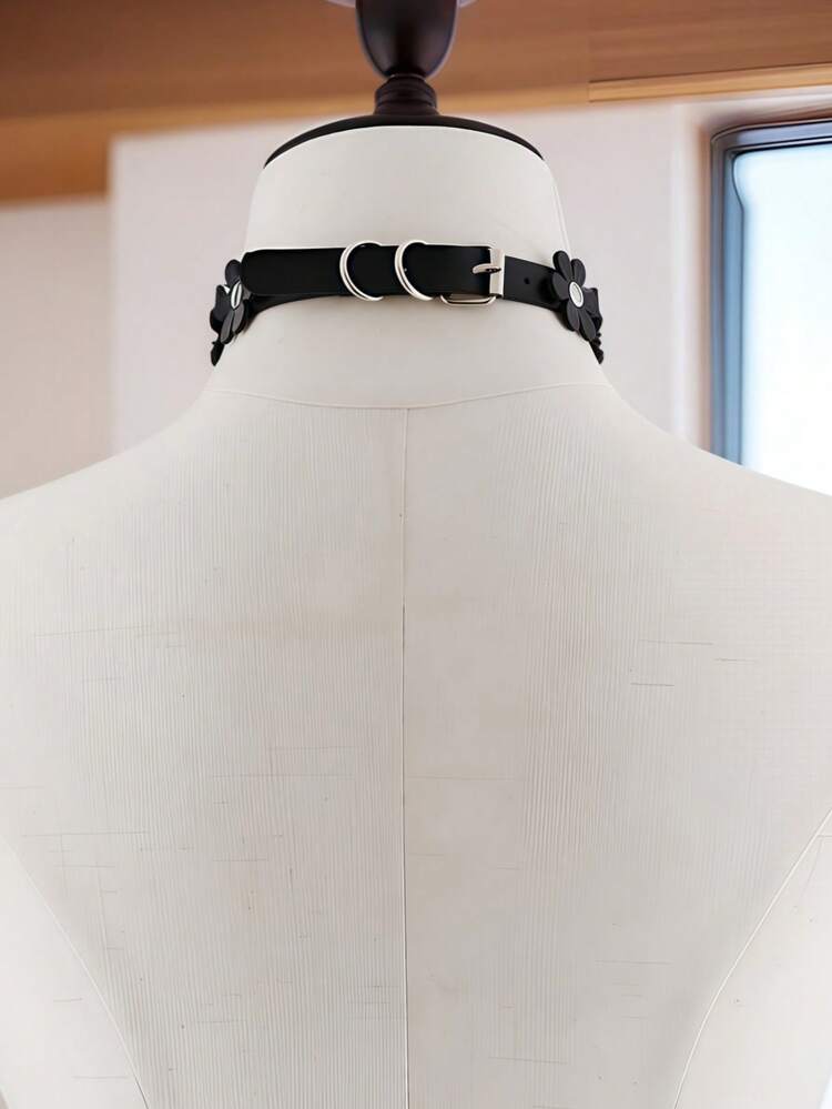 1 件纯色 PU 皮革蒸汽朋克心形吊坠花卉装饰可调节项链，适合派对、聚会、日常佩戴颈饰、万圣节 - 黑色 - 查看 3