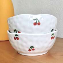1 pieza Bol de cerámica hecho a mano de 300ml con diseño asimétrico minimalista moderno, pintado a mano con cerezas rojas, bol de cerámica redondo para ensaladas, postres, aperitivos, apto para uso doméstico, regalo de Año Nuevo y cumpleaños, regalo del Día de la Mujer 3.8, apto para lavavajillas y microondas, regalo ideal para restaurantes, aficionados a la cocción y reuniones, útiles escolares
