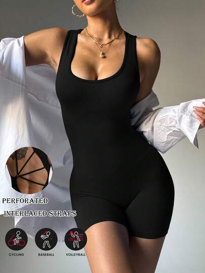 1 szt. damski kombinezon sportowy Holloway z kwadratowym kołnierzykiem w jednolitym kolorze, codzienne spodenki fitness z tyłu