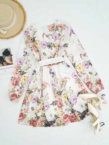 New Women's Casual Vacation Flower Print V-Neck Long-Sleeved Short Women's Dress