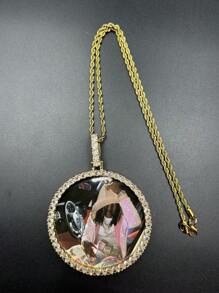 Customized Large Round Frame Photo Pendant Necklace, Brass & Zirconia Sparkling, DIY Photo, Hip Hop Daily Wear Jewelry, With 50cm Twisted Chain Gift, Silver, Stylish, Colorful, Vintage, Simple, Unisex, Casual, Cuties, Custom, Personalized, Unique, Ideal Gifts For Him, Middle School Students, High School Senior High School Students, College Students, University Students, Freshman, Sophomore, Underclassmen,Chic Autum, Chic Winter