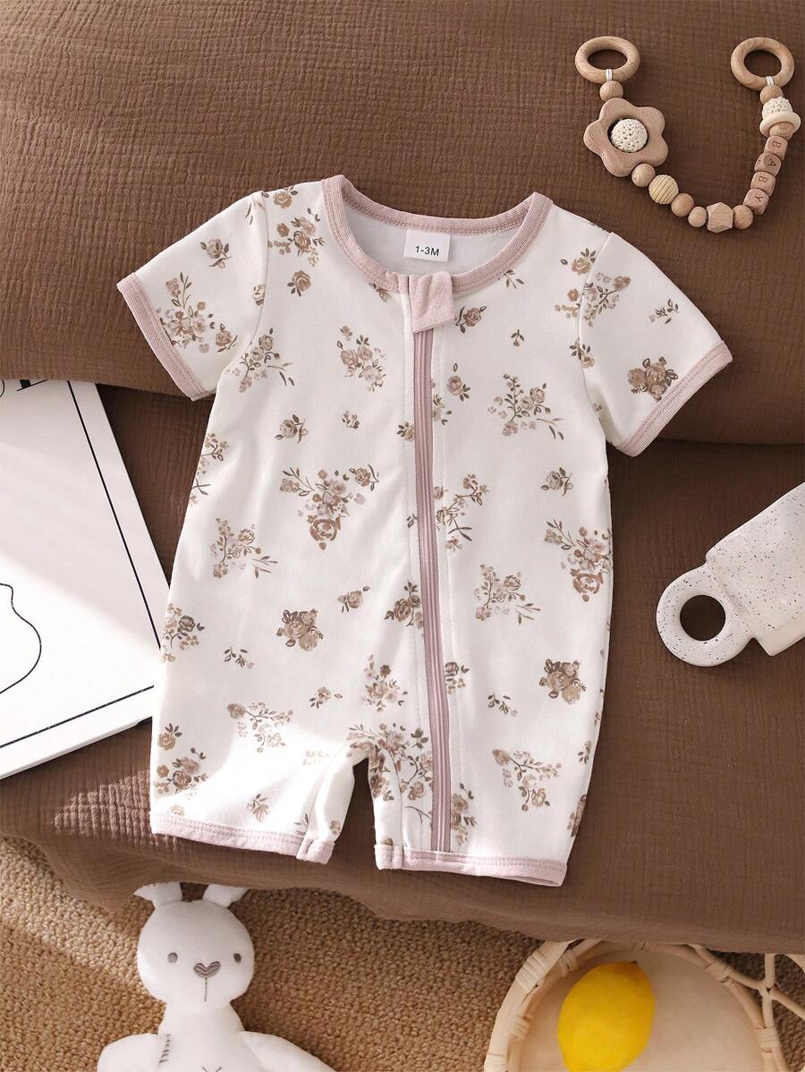 Summer Fresh Sweet Female Baby Clothes Floral Print Crew Neck Short Sleeve Comfortable Jumpsuit Everyday Casual Wear Girl Clothes One Piece