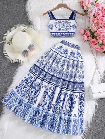 2pcs/Set Tween Girl Vintage Flower Print Camisole And Midi Skirt Set