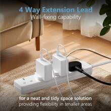 TISDLIP TISDLIP UK Minimalist Style Four Position Extension Cord Socket With Power Indicator Light And Door Design, PP Material, Equipped With 2 Screws And 2 Transparent Adhesives, Suitable For Office, Kitchen, Living Room, School, White, Extension Cord Power Socket
