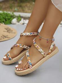 Plus Size Women's Woven Flat Sandals, Lightweight Non-Slip Beach Shoes With Rope Sole, Bohemian Style Holiday Slippers, Random Retro Pattern