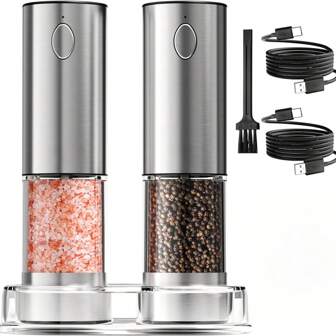 电动盐和胡椒研磨器套装，带底座，不锈钢可充电胡椒研磨器，95毫升大容量，白色LED灯和可调节研磨粗细，是家庭和厨房的理想之选（USB充电）