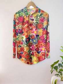 Women's Casual Long Sleeve Colorful Print Blouse, European & American Style, Spring/Autumn 2025
