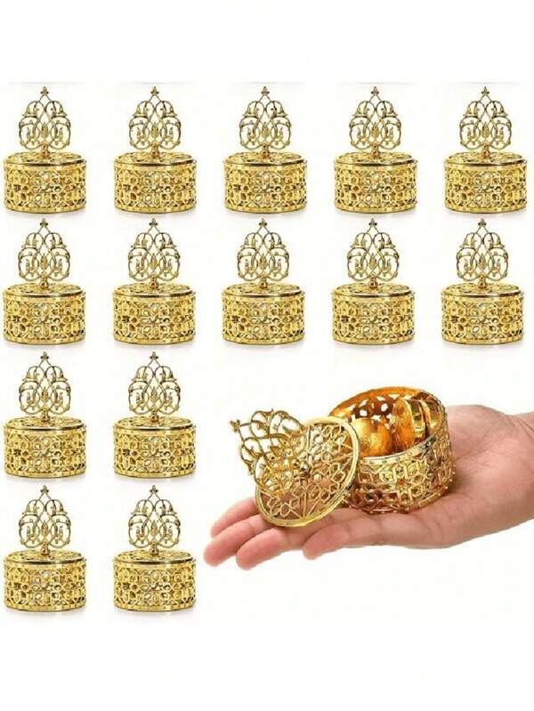 12pcs Mini Metal Candy Gift Boxes With Golden Lid, Intricate Filigree Design, For Wedding Favors, Party Perfect For Weddings, Parties, & Evening Receptions