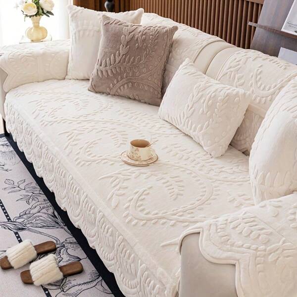 1pc Thick Faux Rabbit Fur Winter Warm Sofa Cover - Elegant Beige With Floral & Leaf Patterns, Pet-Friendly, Non-Slip, Machine Washable Couch Protector For 1 To 4-Seater Sofas - Ideal For Living Room, Bedroom, Office Decor, Sofa Covers For Living Room