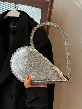 1 件心形水钻装饰手拿包，纯色柔软托特包，适合晚宴