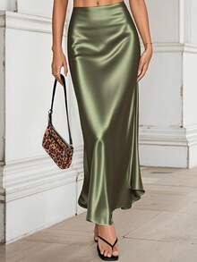 Váy dài tối giản màu trơn thanh lịch cho nữ - xanh quân đội - Xem 5