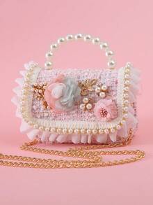 1pc Beaded Ruffle Flower Metal Leaf Decor Pearl Applique Comfortable PU Wool Blend Multi-Function Chain Flap Closure Casual Beaded Handbag Crossbody Bag Pouch Suitable For Holidays And Daily Use - Woolen Alloy Fortune Tree - View 12