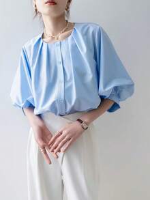 女士宽松纯色休闲时尚夏季衬衫 - 藍色 - 查看 2