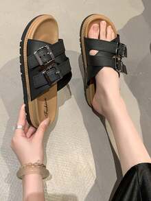 Fashionable Preppy Style Unisex Punk Buckle Slide Sandals - Black - View 4