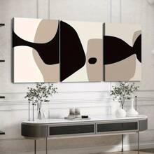 Juego de 3 obras de arte abstractas modernas y minimalistas en tonos neutros de negro y beige para decoración de granero, arte de pared para dormitorio, sala de estar, imprimible, marco de madera