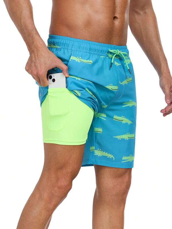 Nuevos shorts informales de hombre de 2 en 1 con estampado de cocodrilo, de doble capa con cordón, para verano, deportes al aire libre y playa, con bolsillos VG552-14, estilo hawaiano