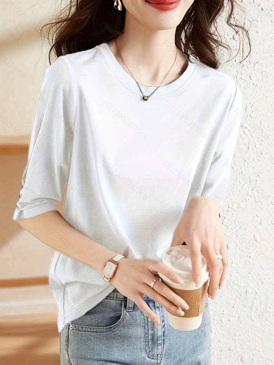 Blusa casual con decoración de botones y mangas a media manga, nueva moda de verano, camiseta versátil de cuello redondo y manga 3/4 para mujer, estilizadora