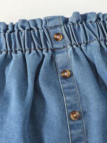 Set de 2 piezas de top de mezclilla con mangas abullonadas y falda de mezclilla para niñas jóvenes, casual adecuado para actividades al aire libre en verano - Azul - Ver 6