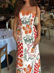Women Plus Size Summer Dress, New Fashion French Style, Strapless, Floral, Wavy, Contrast Color, Plaid, Graffiti Decor, Beach Style, Back To School, Fruit, Lemon, Flower, American Style Dress, Tropical Resort, Waist Cinched, Allover Print, Teacher Outfit, Vacation, 70s Style, Commuting, Minimalist, Office Wear, Vintage, Simple, French, Casual, Retro, Sleeveless, Suitable For Outdoor
