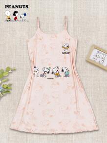 SNOOPY Authorized PEANUTS Snoopy Cute Printed Slip Dress & Woman Nightdress