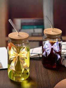 500ml/16oz 黄色蝴蝶结玻璃吸管杯，奶茶玻璃吸管杯，饮料玻璃吸管杯，罐形玻璃吸管杯 - 彩色 - 查看 4