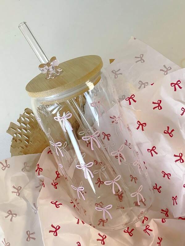 2 Stücke/Set wiederverwendbare Strohhalm-Glas-Tasse mit Schleifen-Dekor, Fassungsvermögen: 500ml/16oz, Kaffee/Milchtee/Getränke Strohhalm-Glas-Tasse, die beste Geschenkwahl für Freunde