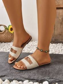 Women's Flat Sandals, Fashionable, Elegant, Casual, Comfortable, Slip-On, Hollow, Beach, Versatile, Lightweight Sandals - Beige - View 4