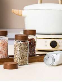 1 件/5 件套玻璃香料罐，带红木盖，方形玻璃瓶带支架，密封胡椒和调味容器 - 棕色 - 查看 7