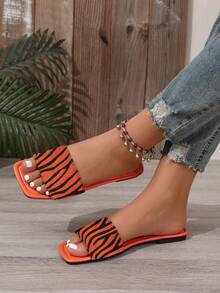 Orange Fluffy Slip-On Flat Slides, Women Minimalist Zebra Print Fashion Strap Comfortable Open Toe Sandals, New Summer Slip-On Chic Plus Size Flat Sandals Suitable For Vacation And Party Wear, Elegant Breathable Animal Textured Cooling Orange Slippers, Easy Slip-On Flattering Flat Sandals, Suitable For Outdoor, Beach, Entertainment And Office Sexy Women Shoes - Orange - View 7