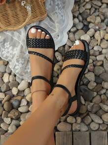 Strandsandalen voor tieners in grote maten, effen geweven bandontwerp, comfortabele, lichtgewicht ronde neus, antislip platte vissersschoenen voor buiten, Romeinse sandalen, nieuwe geweven platte sandalen, instapsandalen, platte Romeinse schoenen, veelzijdige open teen platte sandalen in bruin, kaki, zwart, wit