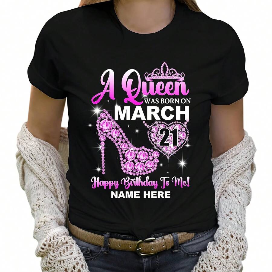 ..Personalized 21st Birthday Shirt Gift For  Women June  Bday T-Shirt A Queen Was Born On May Tshirt Custom Date - Black - View 1