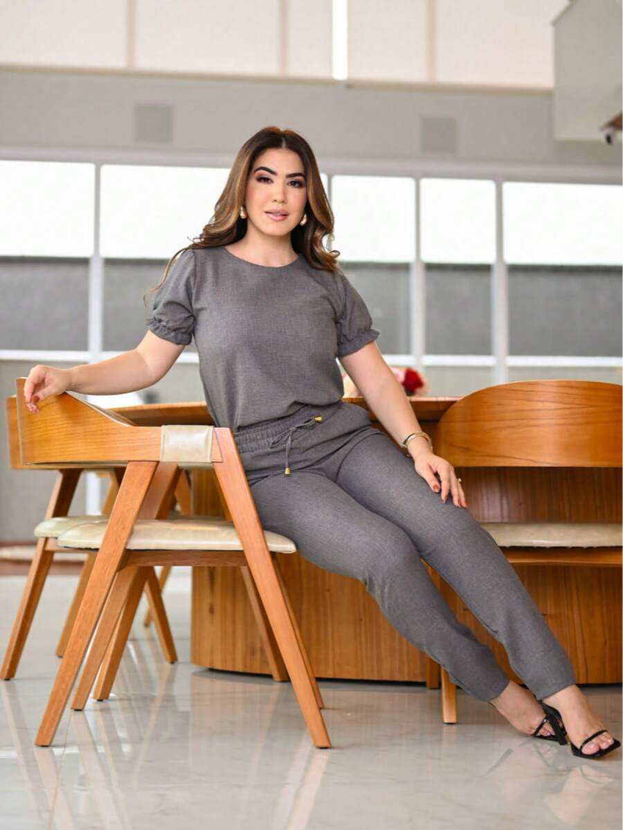 Women 2 Piece Set Casual Elegant Pleated Blouse Cotton Linen Pants With Ruffles On Scrub Sleeve Colors Fashion Spring Summer 2025 Women Clothing - 石墨 - 查看 1