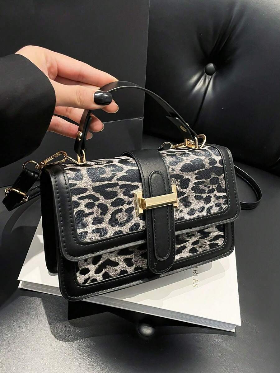 Retro Chic Leopard Print Small Square Handbag, Women's Fashion Versatile Casual Commuting Shoulder Bag - Black - View 1