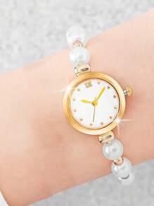 6pcs/Set Women Elegant Quartz Pearl Watch Bracelet Set With Heart-Shaped Cubic Zirconia Necklace Ring Earrings, Gift For Mother's Day, Teachers' Day, Thanksgiving, Student Graduation & Birthday, No Box
